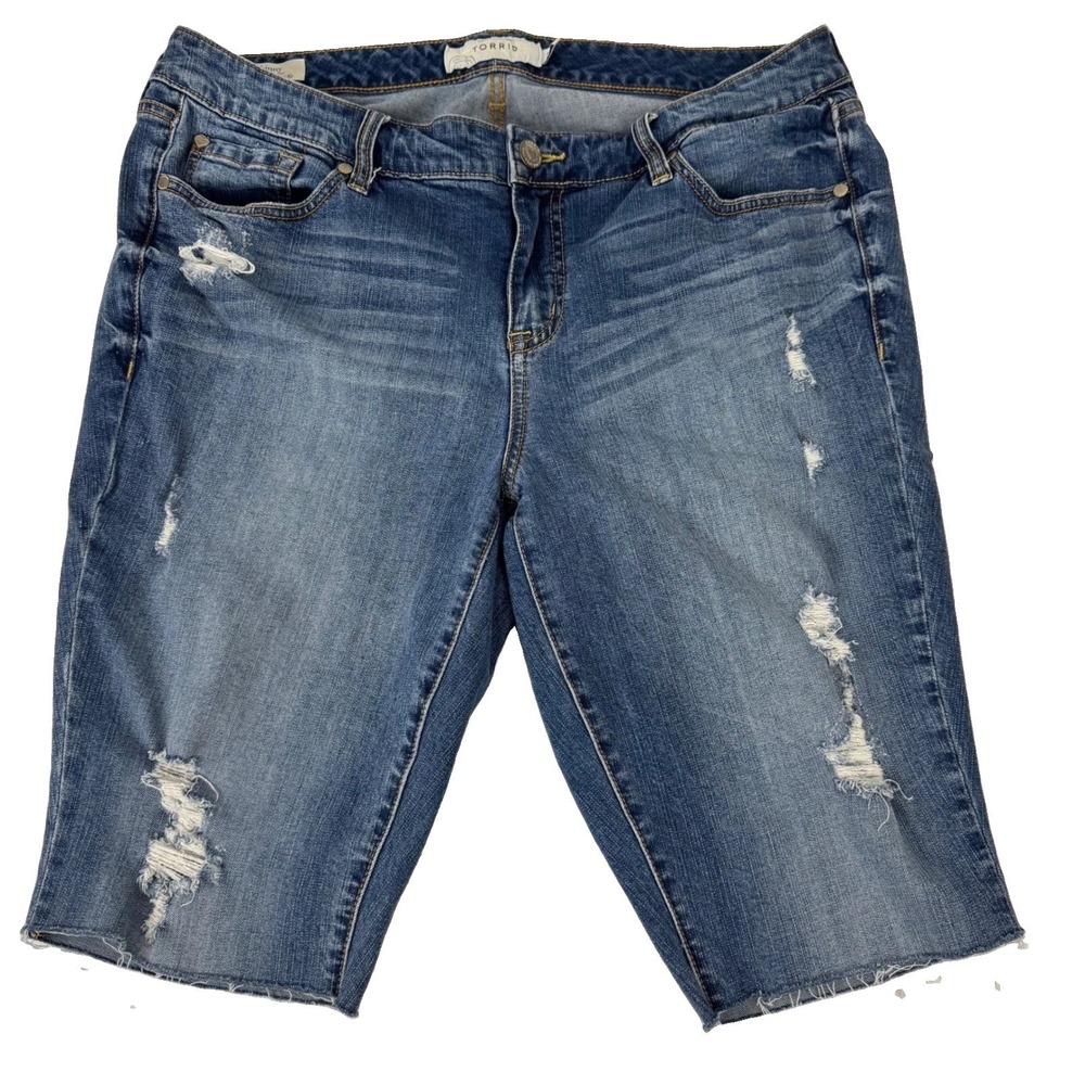 Torrid Denim Shorts Women 16 Blue Distressed Bermuda Skinny Raw Hem
